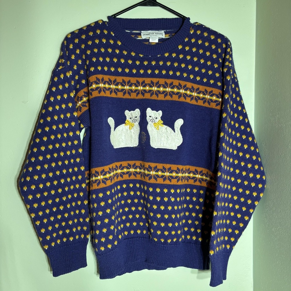 Vintage Jennifer Adams Sweater Womens Large Blue Cat Knit Novelty Made USA 90s
